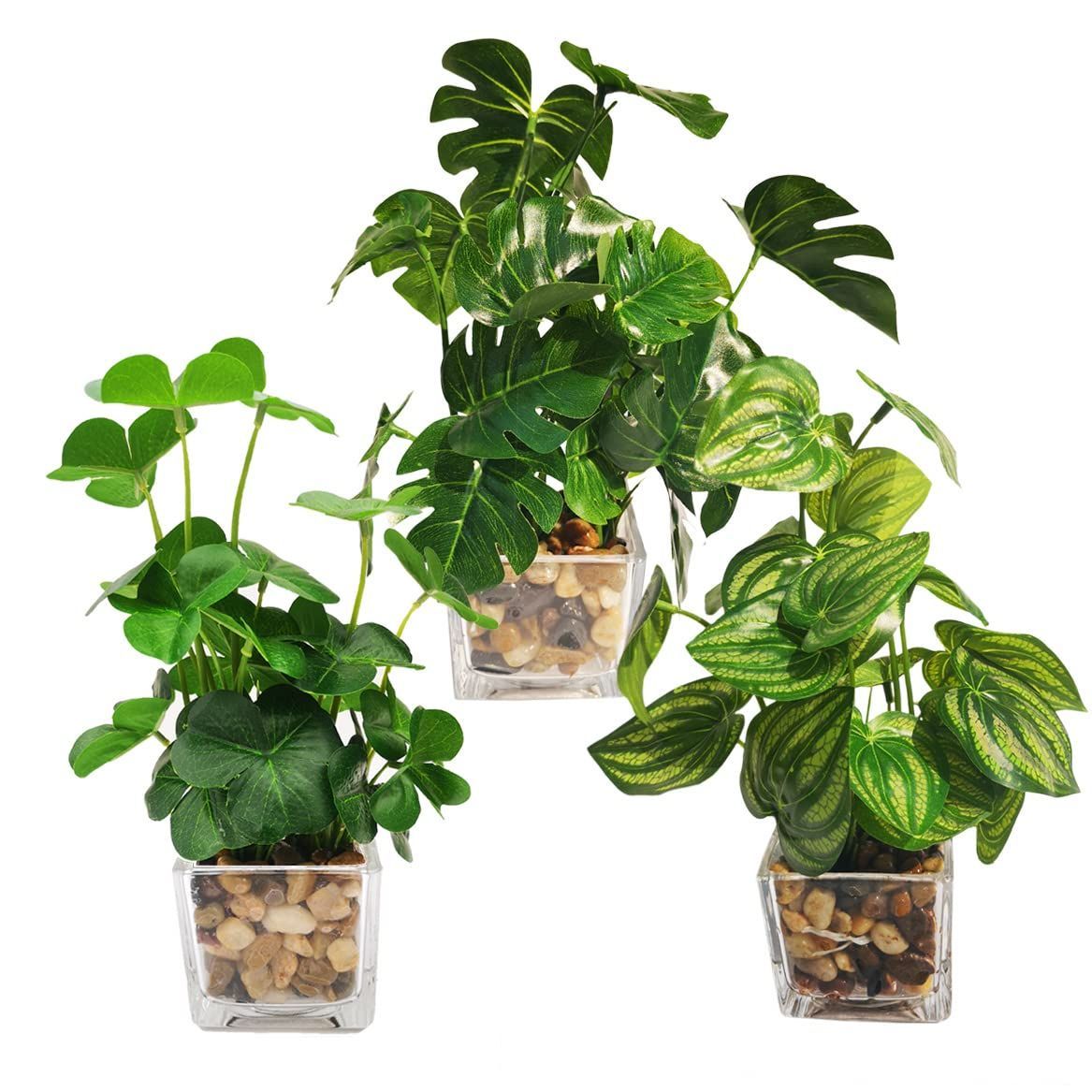 Lilizero 光触媒 フェイクグリーン 3点セット モンステラ クローバー スイカの葉 フェイク 観葉植物 卓上 鉢植え 造花 人工観葉植物 インテリア 飾り 世話いらず 水やり不要 オフィス ホーム デ