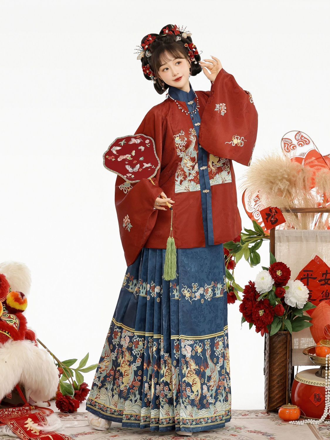 明制立領漢服 コスプレ アイドル衣装 女 提花補服 琵琶袖 馬面裙 秋冬款 オリジナルデザイン 漢服セット XS-XLサイズ対応
