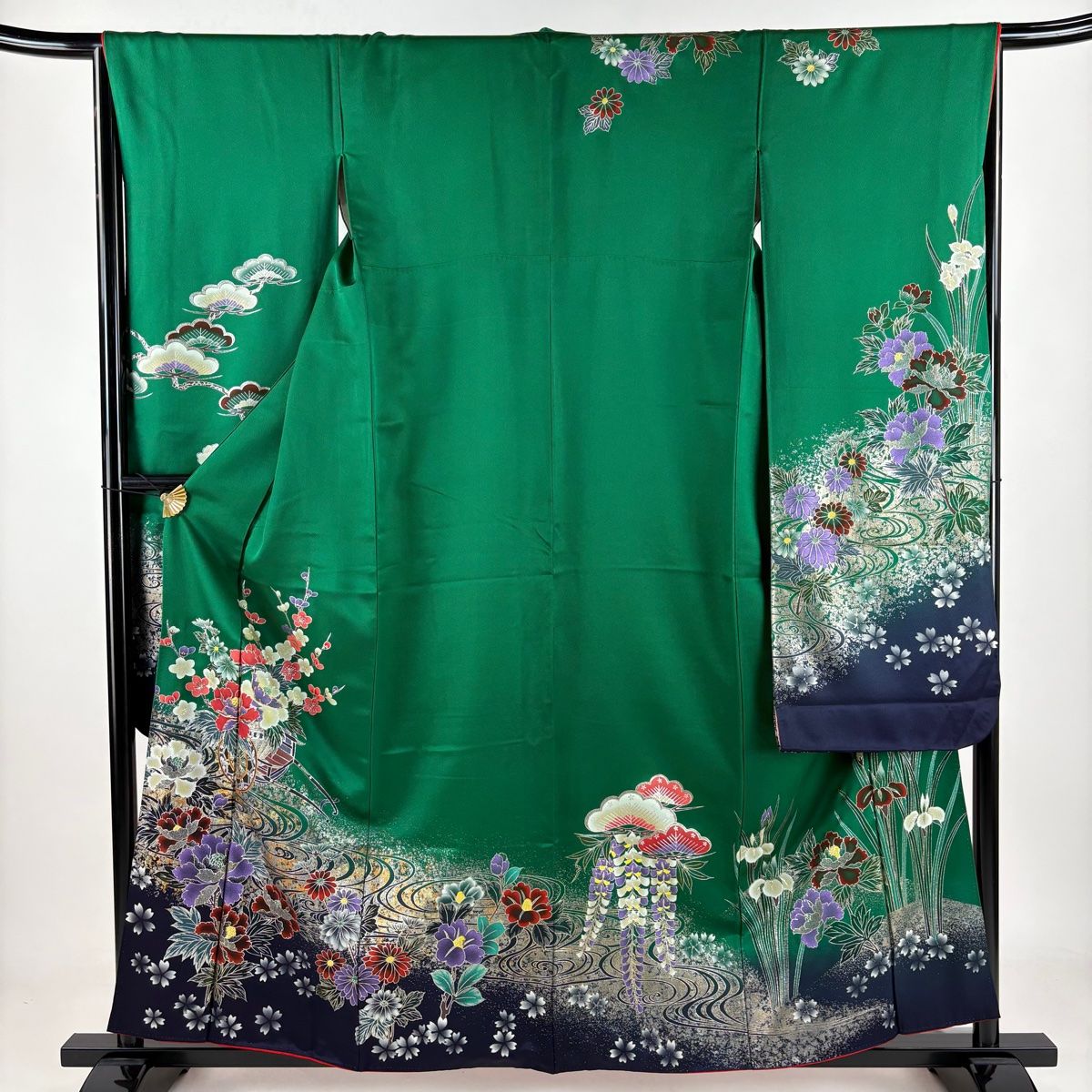 振袖 身丈160cm 裄丈66cm M 袷 花車 流水 金糸 金銀彩 緑 正絹 秀品