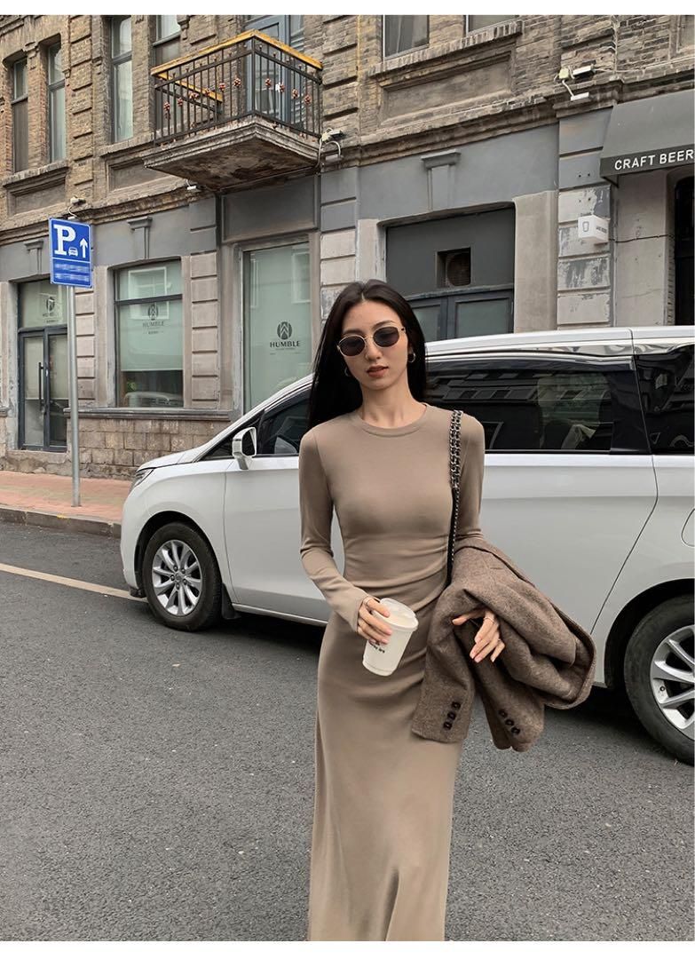 上品 春の高見えニットロングワンピース