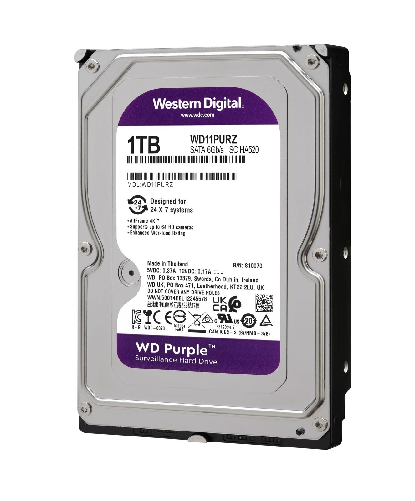 Western Digital HDD 1TB WD Purple 監視システム 3.5インチ 内蔵HDD WD10PURZ
