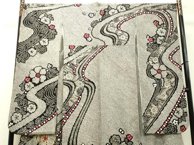 平和屋着物○豪華振袖 総絞り 駒刺繍 流水舞花文 黒地 金彩 正絹 逸品