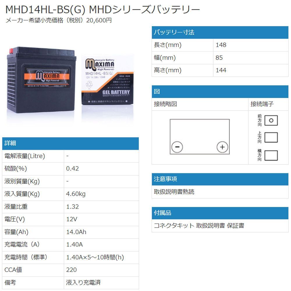 ハーレー専用 充電済み すぐ使える 65958-04 65958-04A 65984-00 互換 バイクバッテリー MHD14HL-BS(G) 1年保証 ジェルタイプ メンテナンスフリー 密閉式 シールド式 ハーレーダビッドソン 適合 交換 補修 メンテナンス