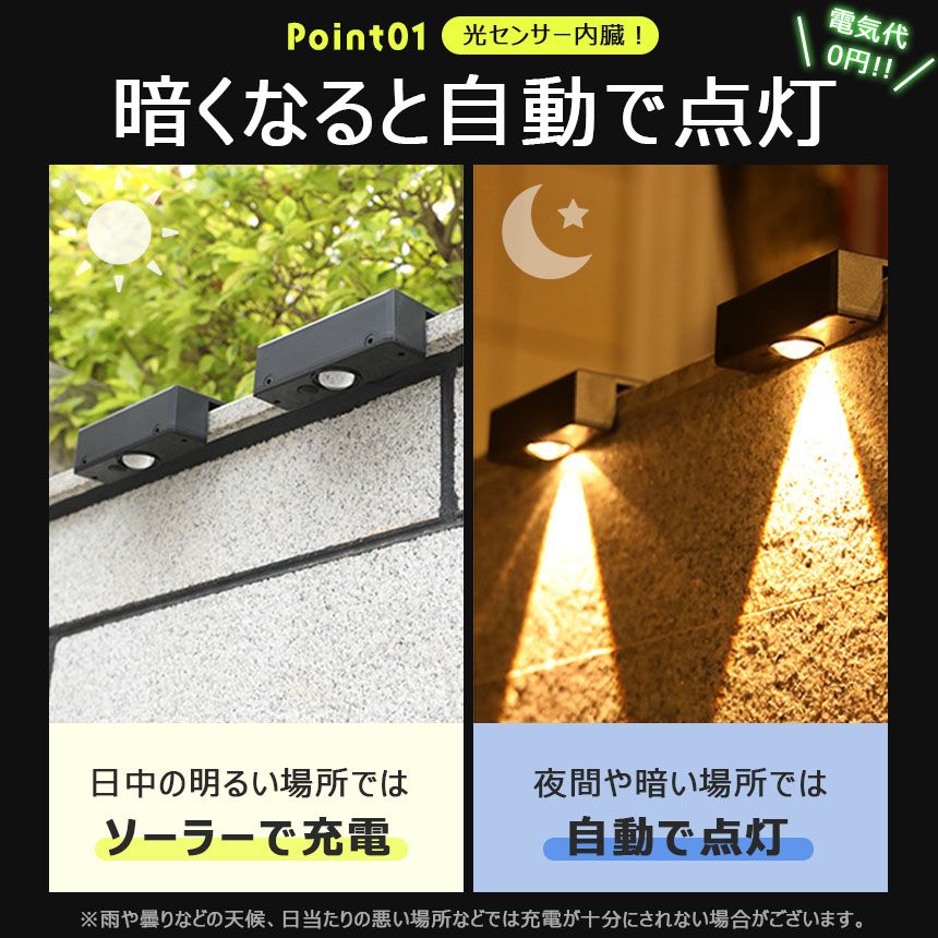 ソーラーライト LEDライト 両面テープ付き フェンスライト 塀 壁 階段
