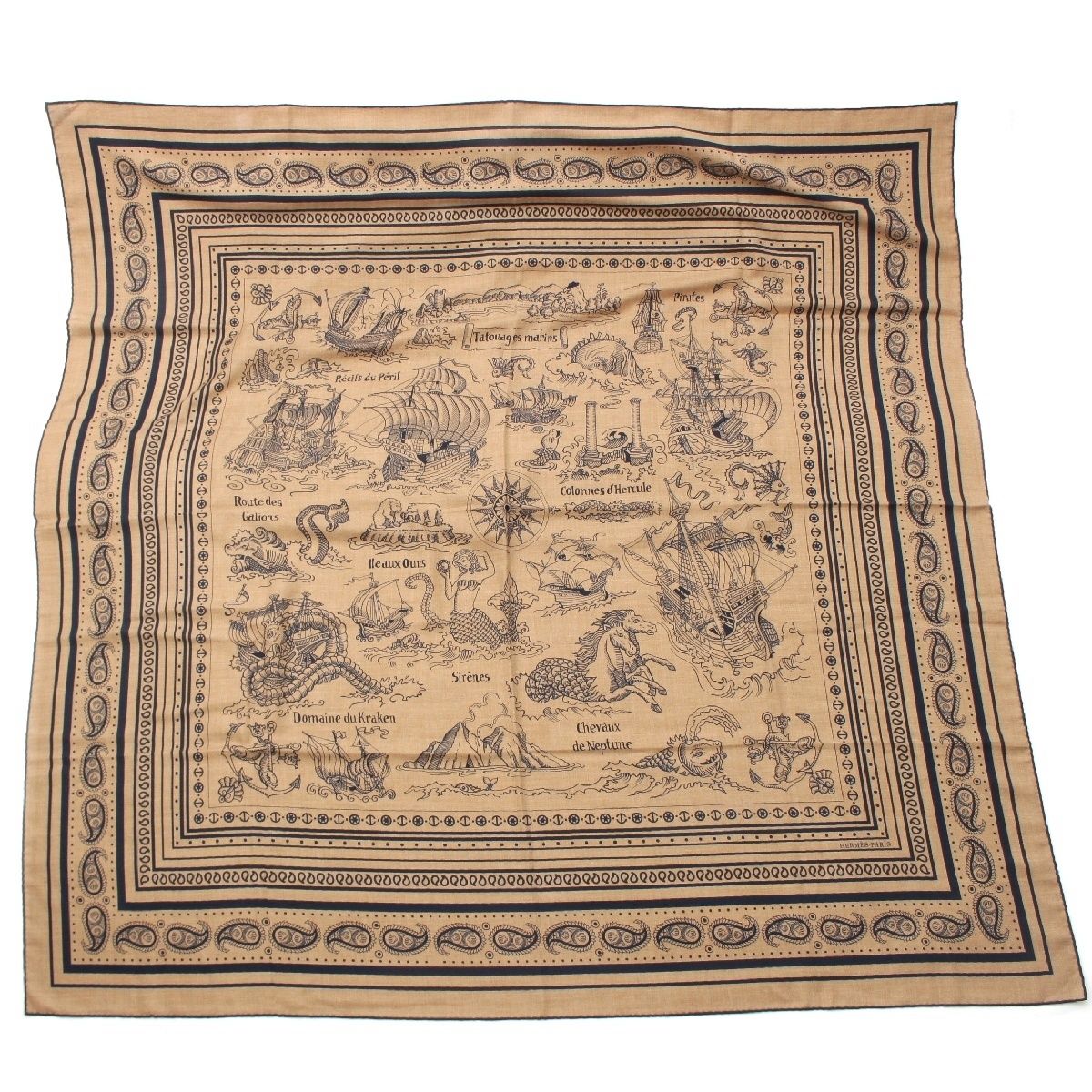 エルメス カシミヤシルク カレジェアン カレ140 Tatouages Marins Bandana 船乗りのタトゥー 大判スカーフ ストール ブラウン
