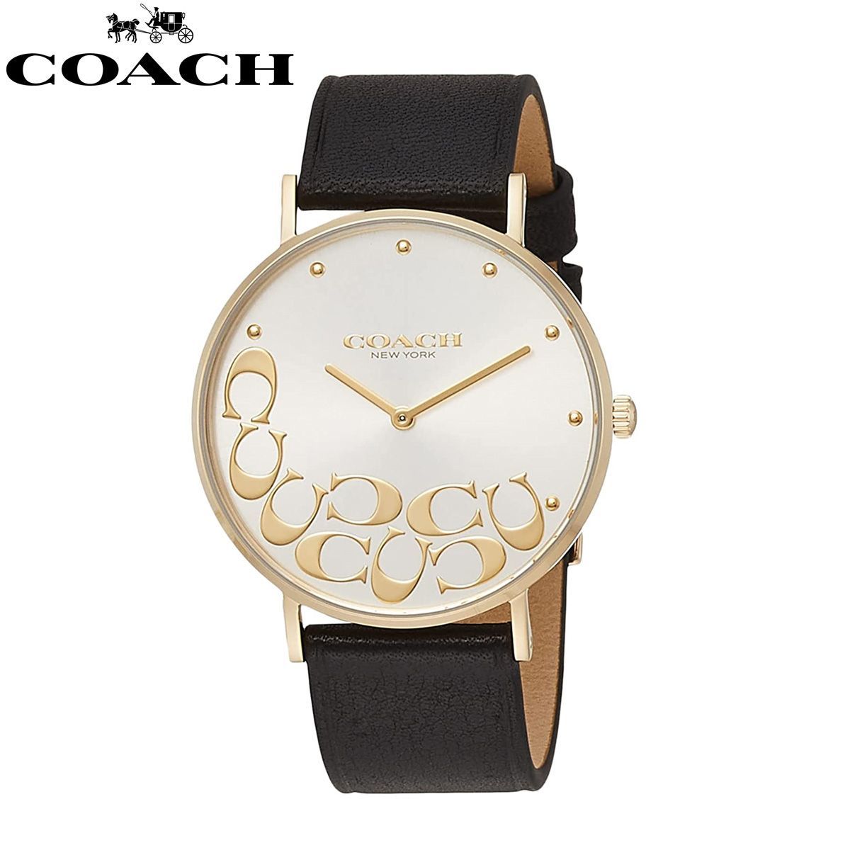 COACH コーチ Perry ペリー レディース ウォッチ 14503801 ブラック イエローゴールド アナログ 女性 腕時計 Cマーク ロゴ レザーベルト ビジネスウォッチ カジュアル ファッション 革ベルト 本革 防水 軽量 薄型 シンプル