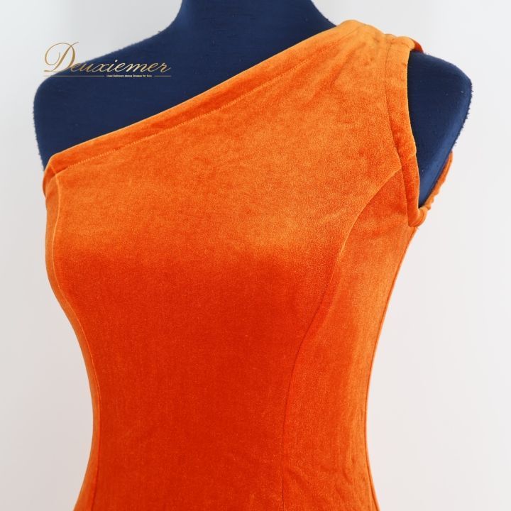 フラダンス 衣装 ワンピース ドレス オレンジ系 マーメイドライン フラ ダンス ベロア 橙 ワンショルダー 光沢 上品 鮮やか MermaidLine MMJ 日本製 無地 シンプル ハワイアン アロハ エムエムジェイ