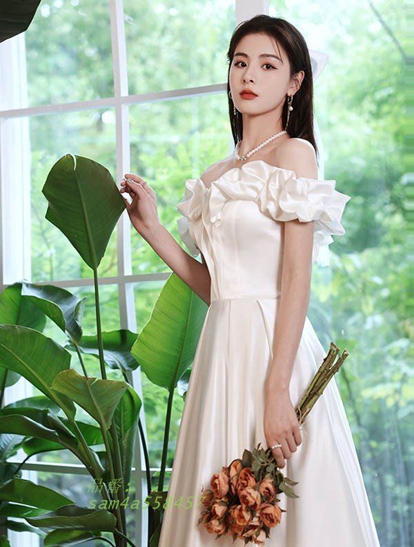 安心してください ウェディングドレス オフショルダー ホワイト 白 ロングドレス シンプル 編み上げ 袖あり 背中開き 結婚式 花嫁 am4a558457