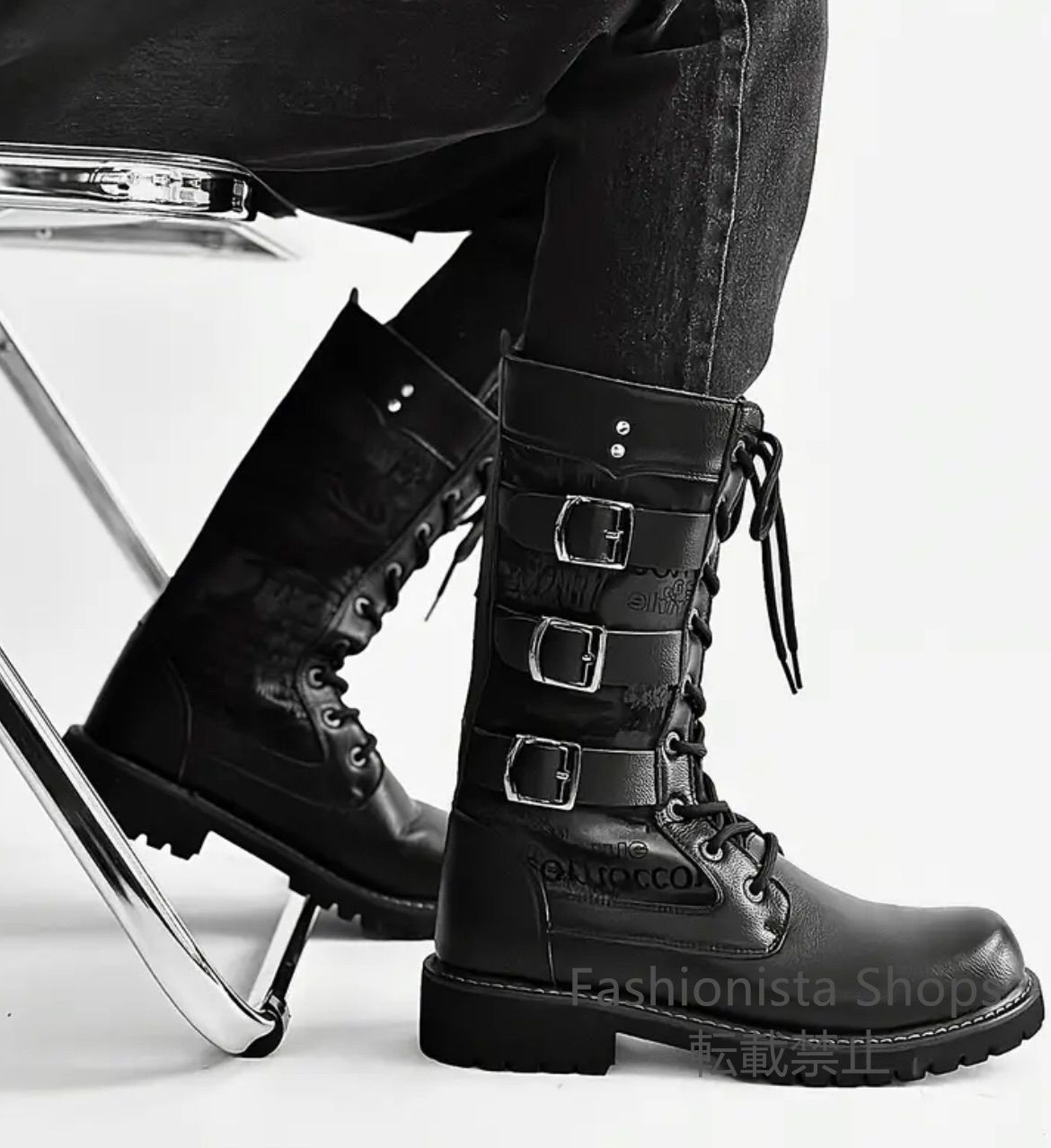 黒 レザー ハイカットブーツ コンバットブーツ バイクシューズ メンズ