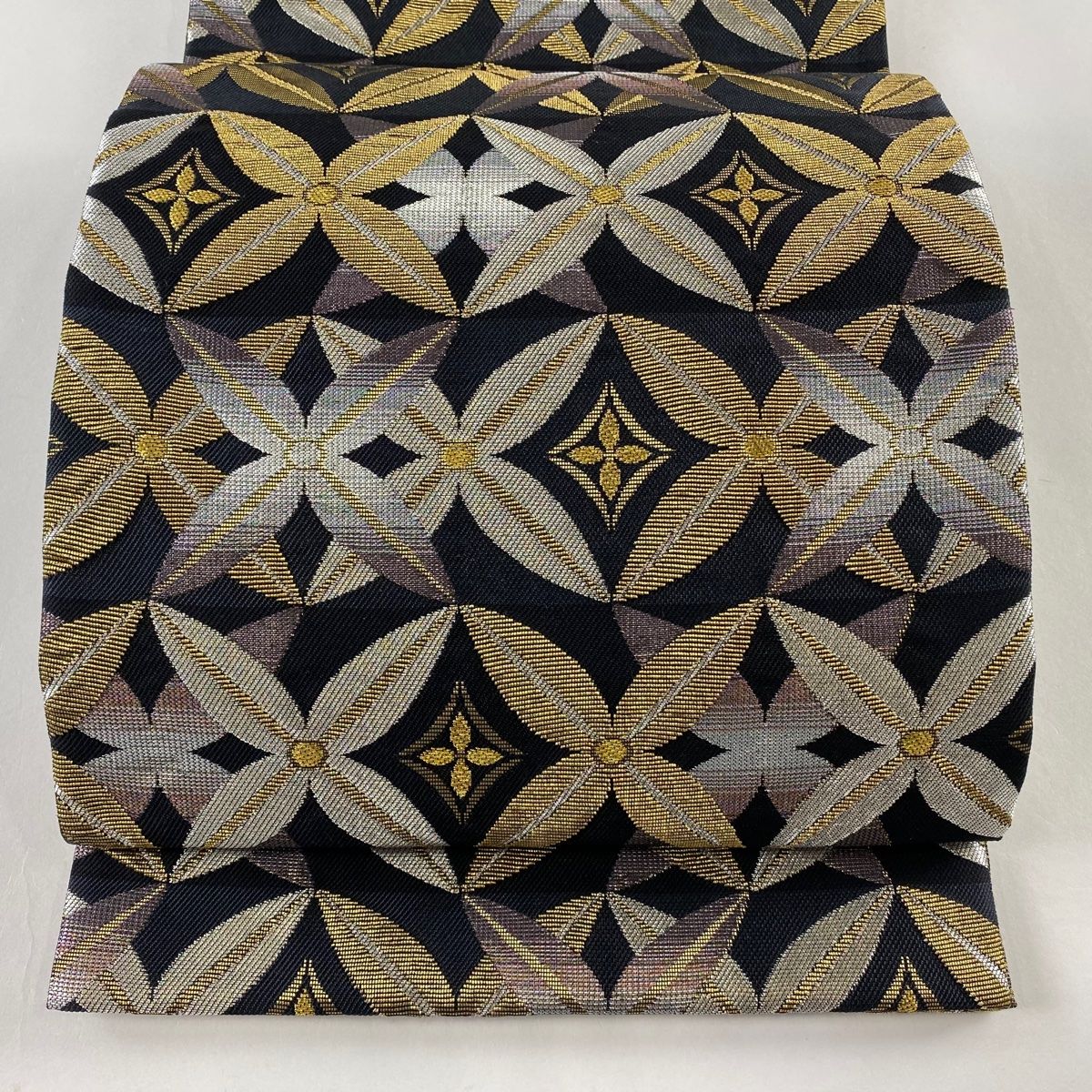 袋帯 逸品 ぜんまいつむぎ織 幾何学模様 灰白 全通 正絹 袋帯 逸品