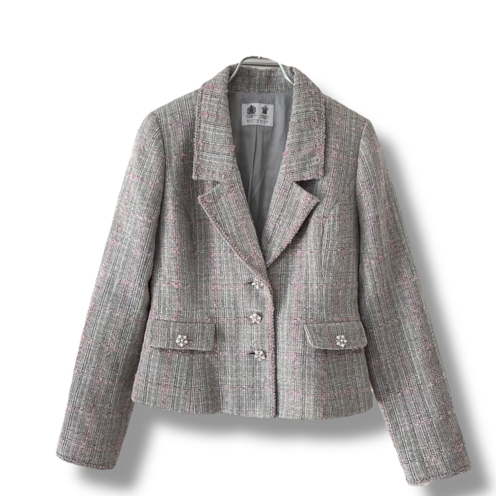 AUSTIN REED オースチンリード レディース ツイードジャケット テーラード ビジューボタン 入学式 パーティー フォーマル ドレスコード グレー×ピンク サイズ 38 品番 1595-31306 459OC