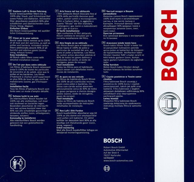 アウディ TTRS[FV9] 2500CC BOSCH(ボッシュ) 輸入車用エアコンフィルター キャビンフィルタープレミアム (抗ウィルス・アレル物質抑制タイプ) CFPR-VW-9