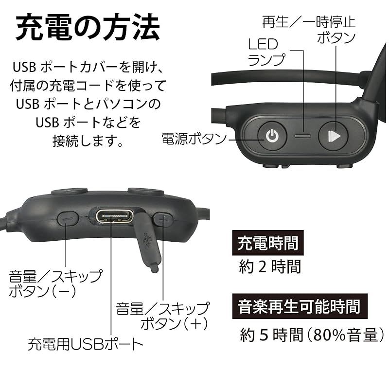 オーム(OHM) 電機 AudioComm 骨伝導ワイヤレスイヤホン Bluetooth 無線 両耳 HP-BC200Z 03-0786ブラック 0  - メルカリ