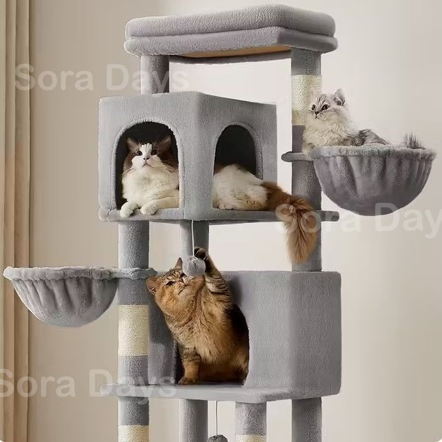 キャットタワー 猫タワー 据え置き 多頭飼い 大型猫用 可愛い おしゃれ インテリア 北欧 展望台 ハンモック2つ 隠れ家2つ おもちゃ 爪とぎ 運動不足解消 痒み止めブラシ 安定 グレー ベージュ ホワイト ブラウン 天然麻紐 110×70×175cm
