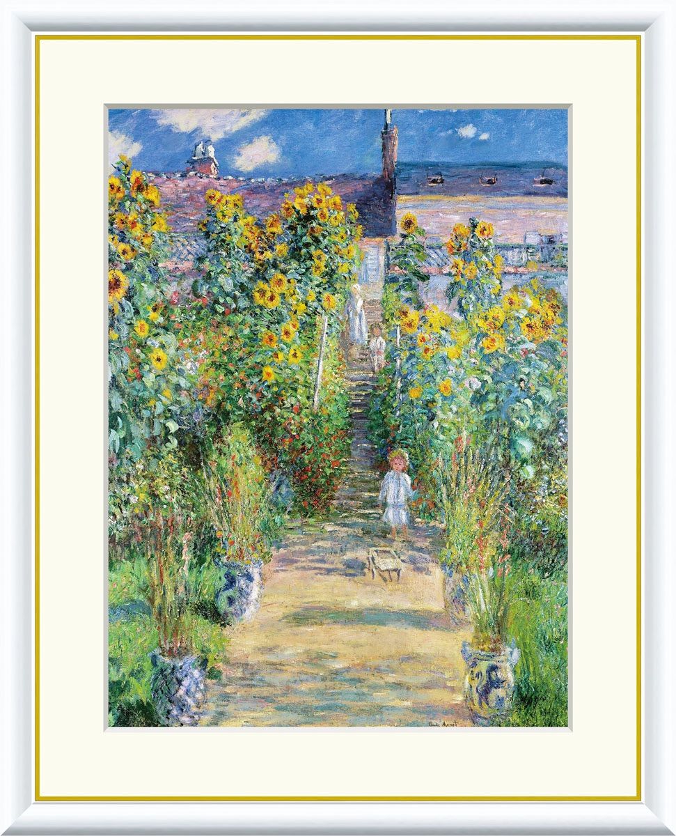 10年保証 名画 油絵 ヴェトゥイユのモネの庭 クロード モネ 手彩仕上 高精細巧芸画|インテリア 額入り 額装込 アート リビング プレゼント アートフレーム 飾る グッズ ギフト おしゃれ 壁掛け 絵 F8 61x49.5cm