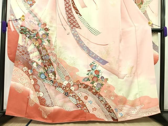 IK-1216 逸品！アンティーク 夏着物 絽 金駒刺繍 銀彩 豪華 振袖 正絹 平和屋着物□豪華振袖 駒刺繍 流水草花文 金銀彩 正絹 逸品