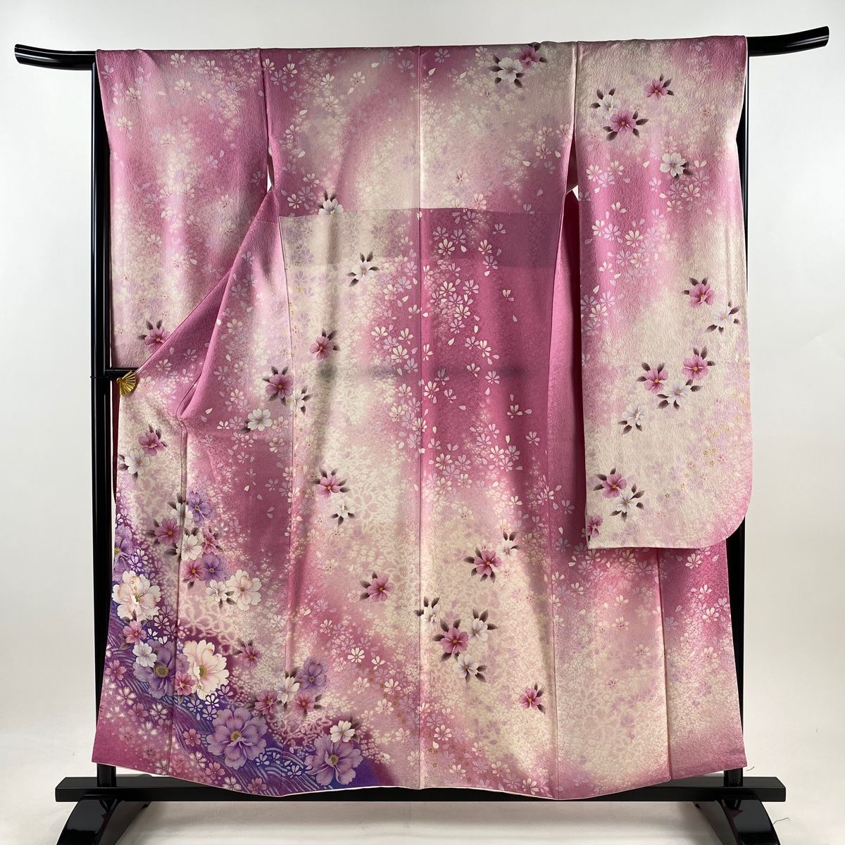 振袖 身丈157.5cm 裄丈65.5cm M 袷 桜 波 銀通し 箔 ピンク 正絹