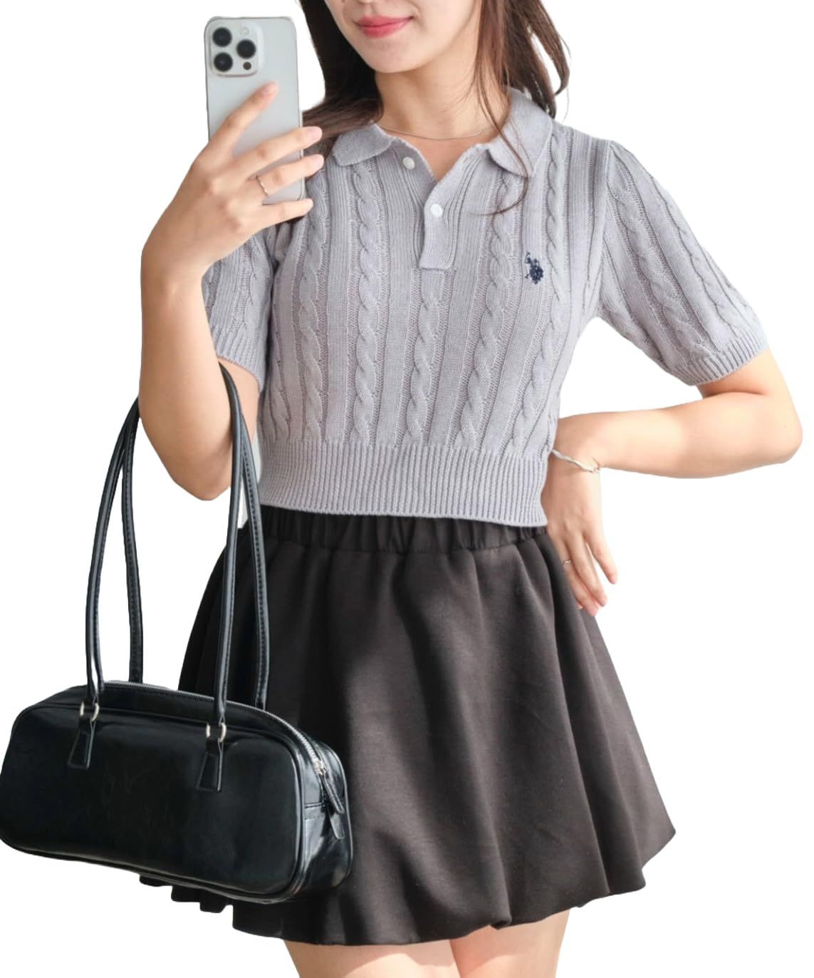 Size Free Size_Color グレー ウィゴー 別注 USPOLO ケーブルニット ポロ 半袖 ニット セーター トップス 服 春服 夏服 カジュアル ガーリー ギフト プレゼント 春 夏 秋 レディース F グレー