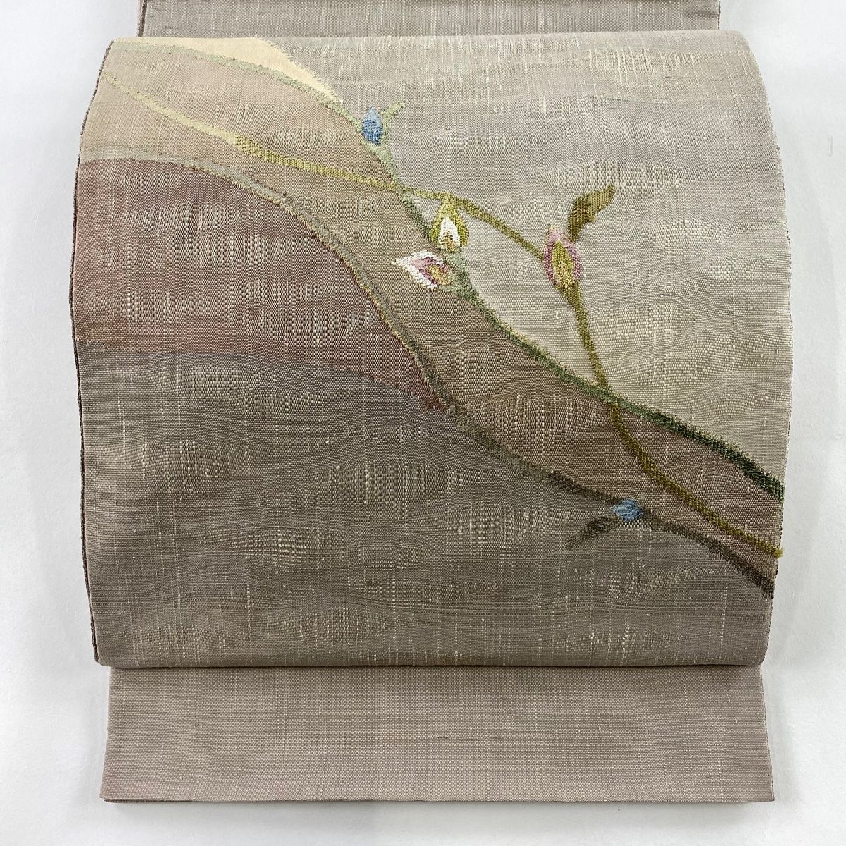 袋帯 秀品 紬地 草花 金糸 箔 薄茶色 お太鼓柄 正絹