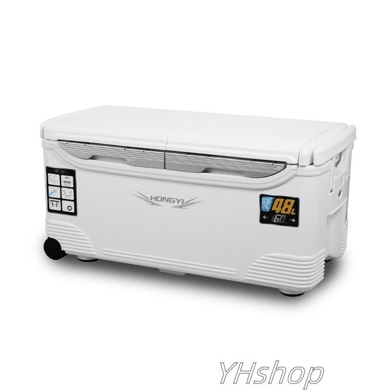 釣り用クーラーボックス 大容量 大型48L 座れる頑丈マッスルボディ 防水 サイドハンドル キャスター付 釣り 保冷力150h 水栓付き 白-銀