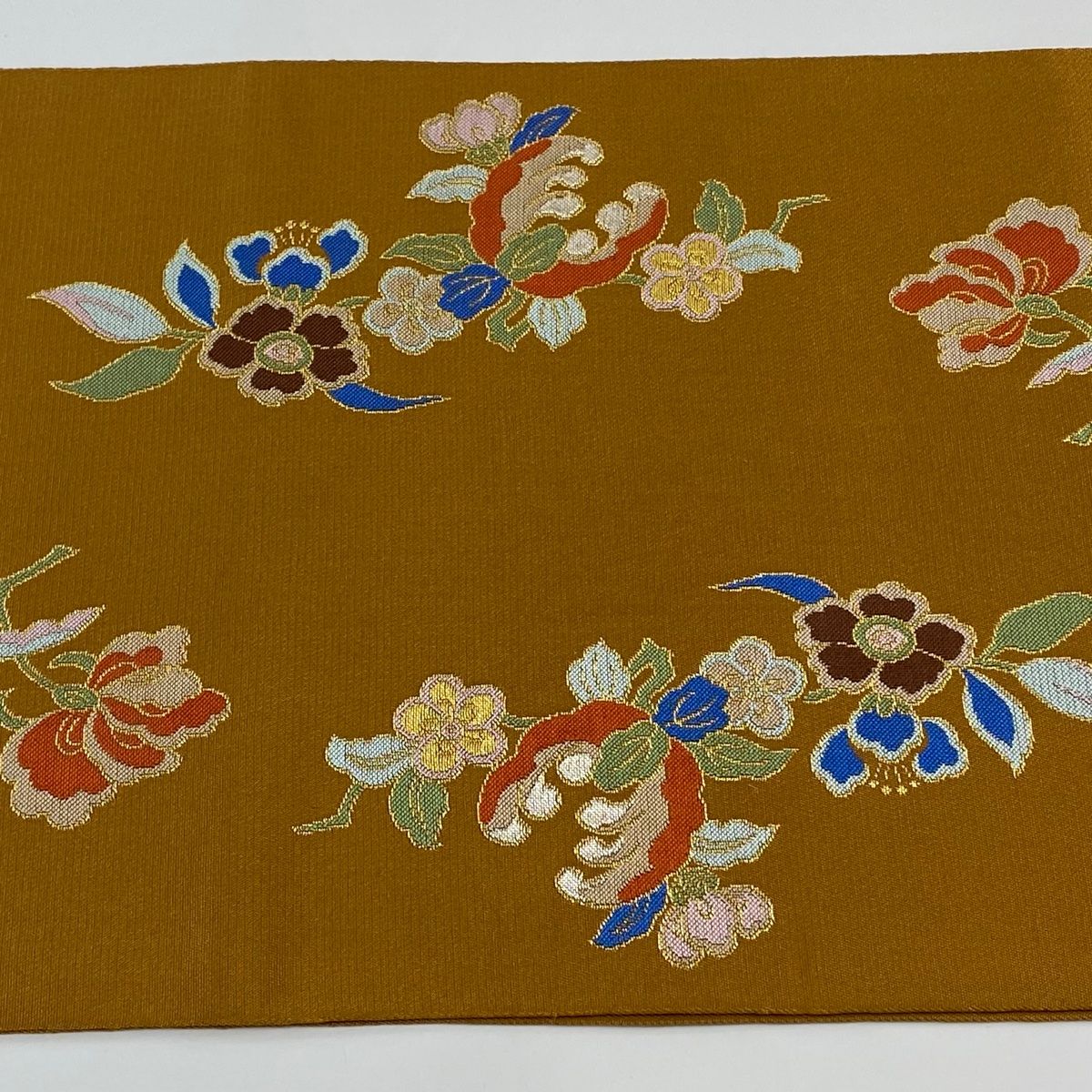 GR-5 本袋帯【たつむら】山吹茶色仙桃蘭花金糸落款