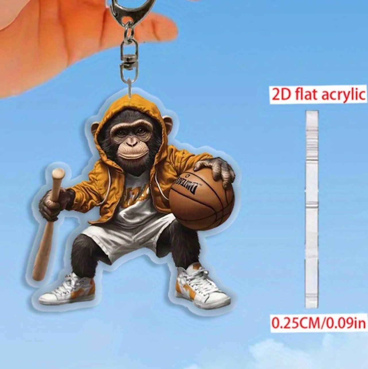 キーホルダー バスケをする猿 アクリル 小さめ 5.5cm バッドを持った