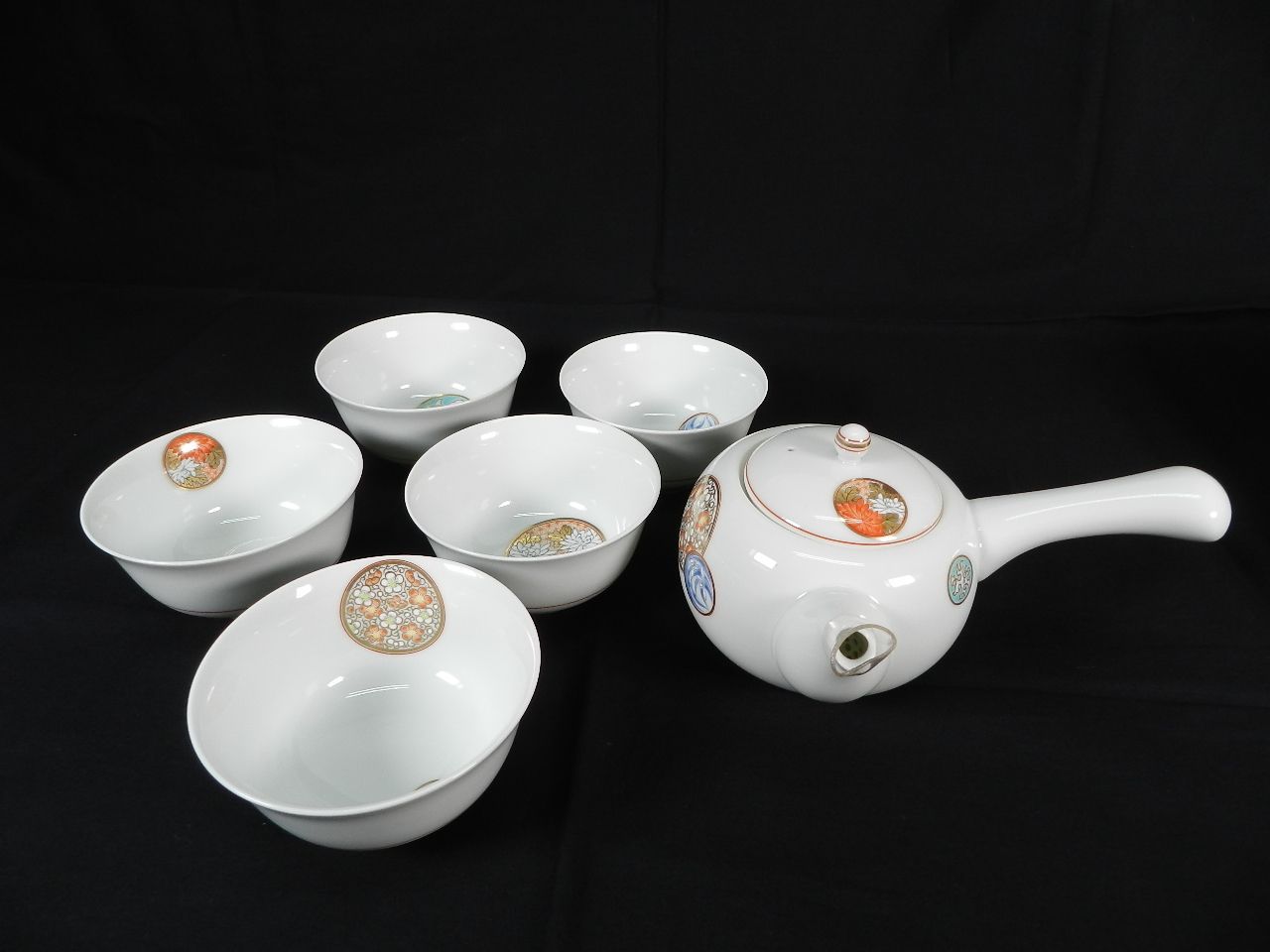 C2575 深川製磁 寿赤絵 急須茶器揃 0200-238 湯呑み5客 金彩 有田焼