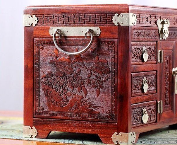 赤木 ボックス精緻な紫檀木製 ボックスロック付きレトロ収納ボックス