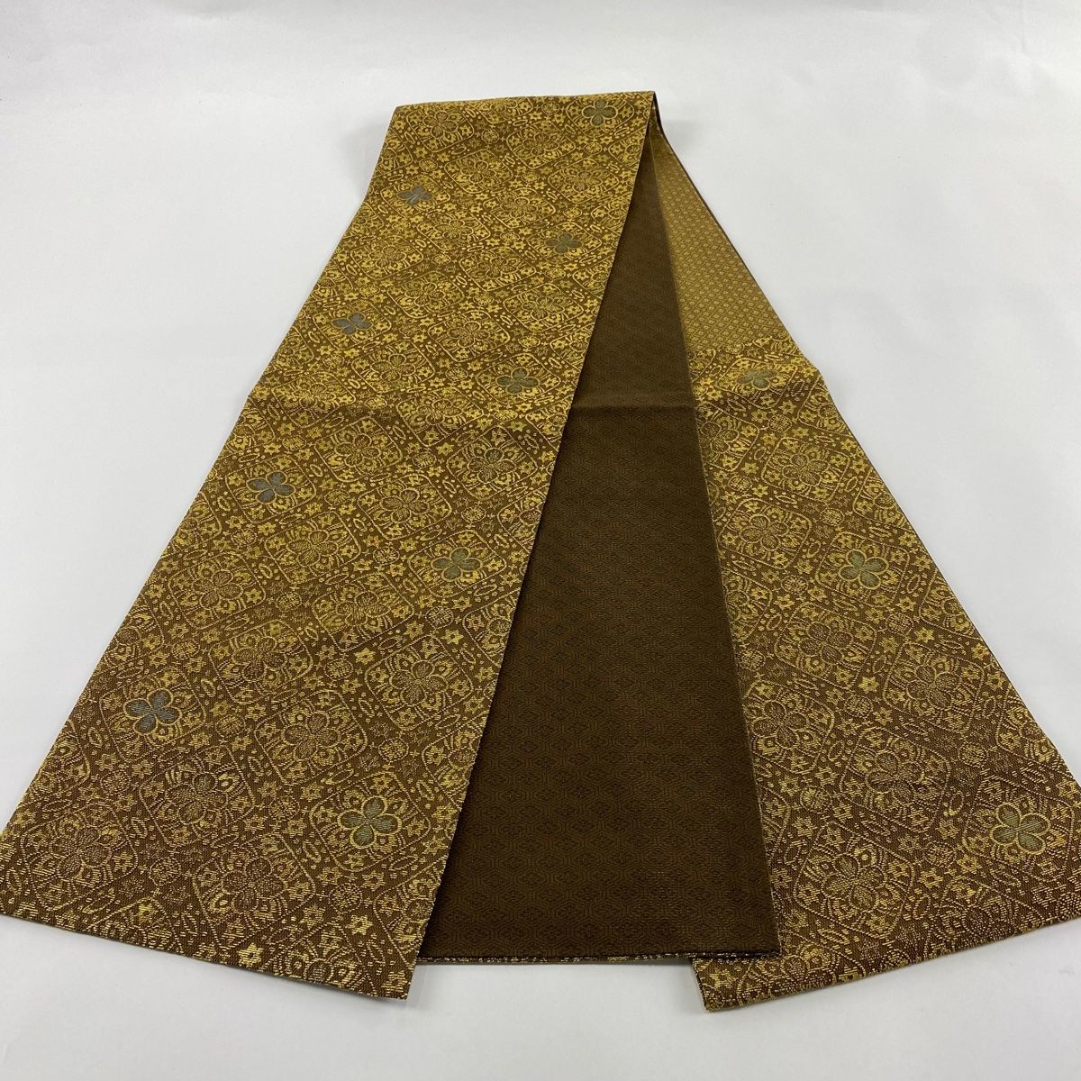 絹＋金糸 グレー系 段暈し織×立涌 六通柄 袋帯 ガード加工 美品 絹＋金糸 グレー系 段暈し織×立涌 六通柄 袋帯 ガード加工 美品