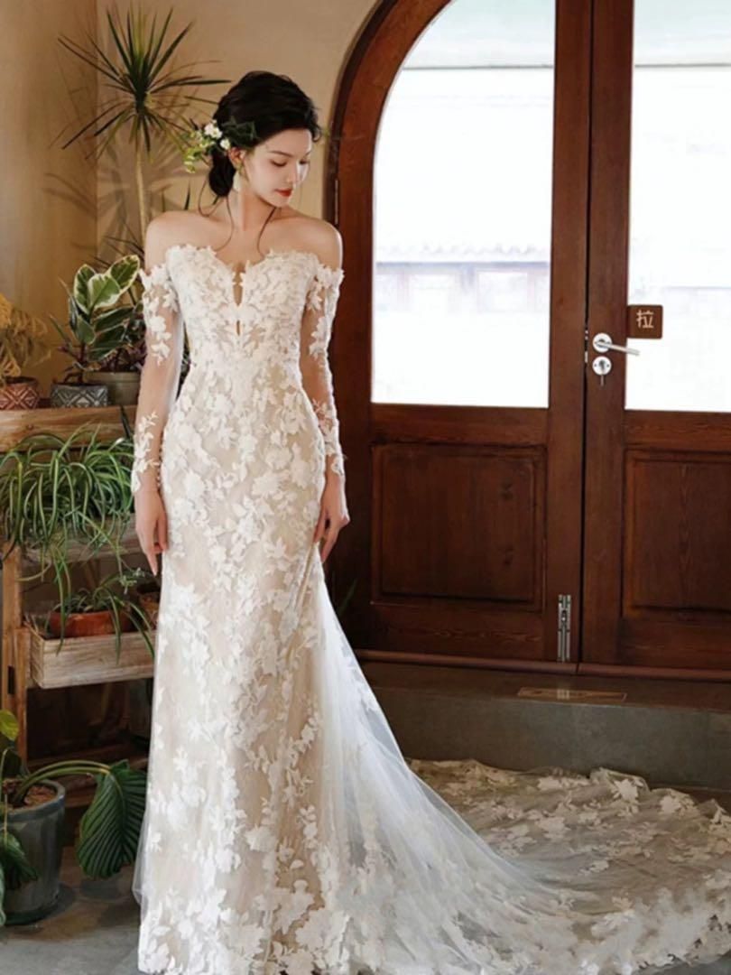 ♥ レディースファッション 総レースウェディングドレス ロング丈オフショル 結婚式