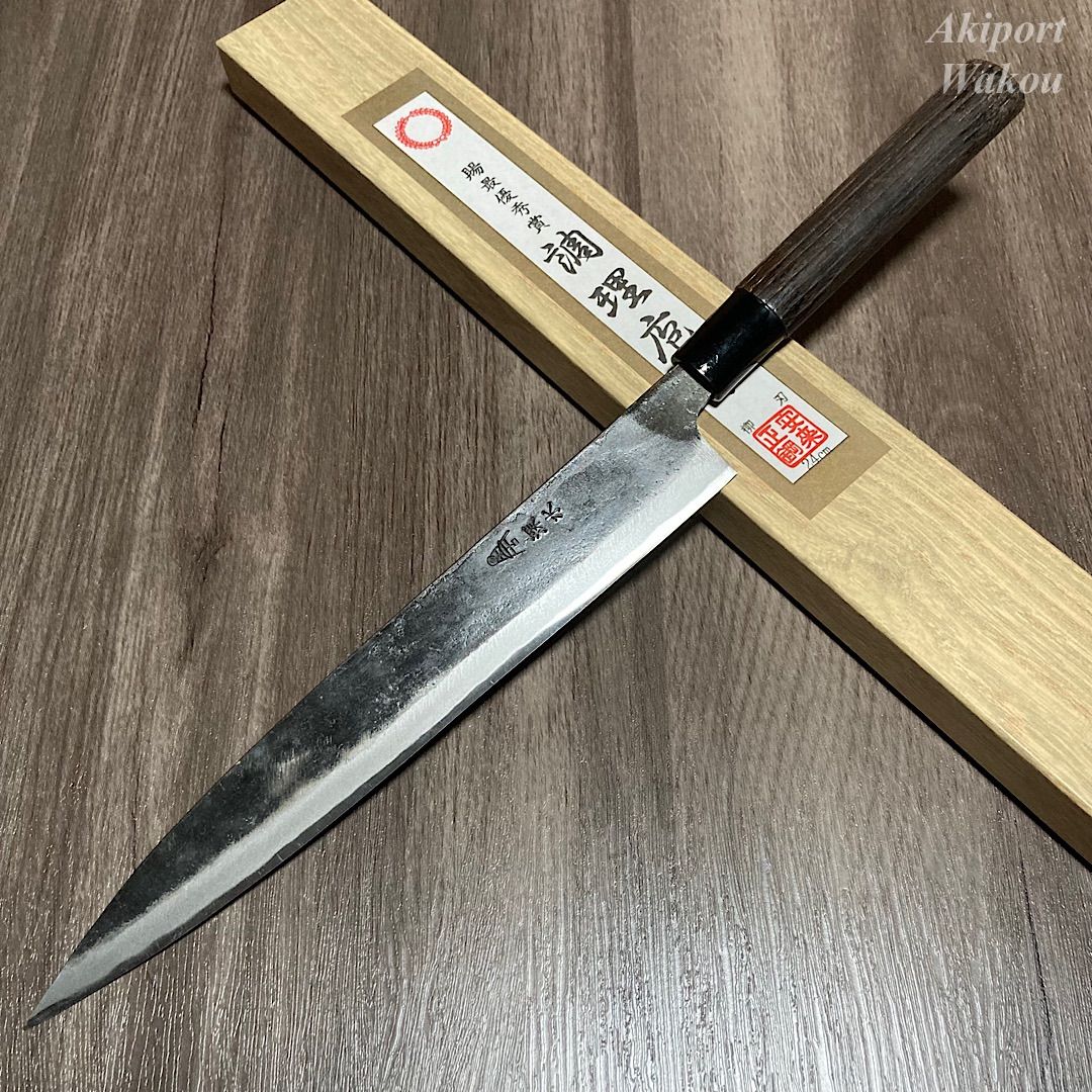 7250 究極の出刃包丁 尺 刺身包丁 本出刃 料理包丁人工象牙黒三本巻八角柄 本霞身卸庖刀 – 包丁の築地正本