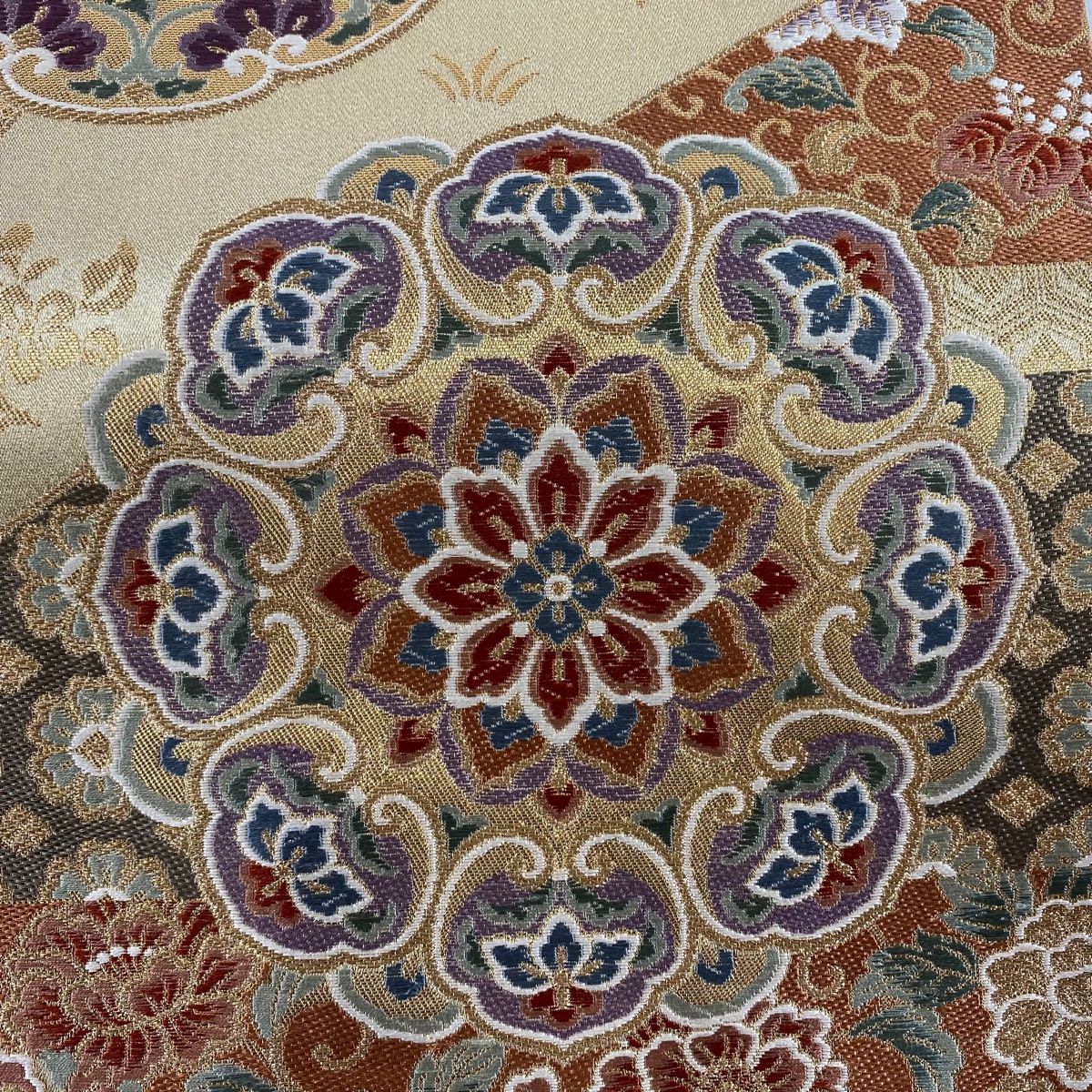 袋帯 美品 秀品 華文 草花 金糸 箔 金色 六通 正絹 【中古 袋帯 美品 秀品 華文 草花 金糸 箔 金色 六通 正絹 【中古