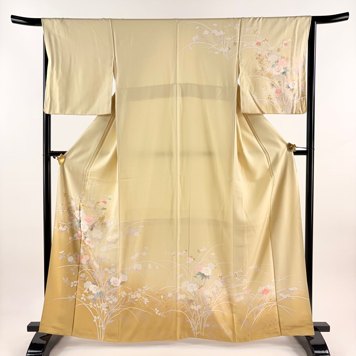 値下げ　訪問着 草花 枝花 ぼかし 薄茶色 袷 袋帯　セット 洗える着物] 東レ 袷 訪問着 四季草花文様 (淡 黄色) 日本製