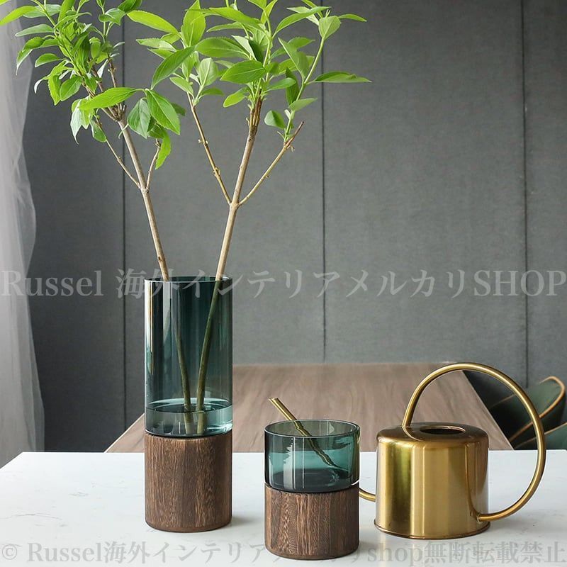北欧 高級感のあるモダン ガラス花瓶 フラワーポッド スモール  ミディアム 木目 ウッド