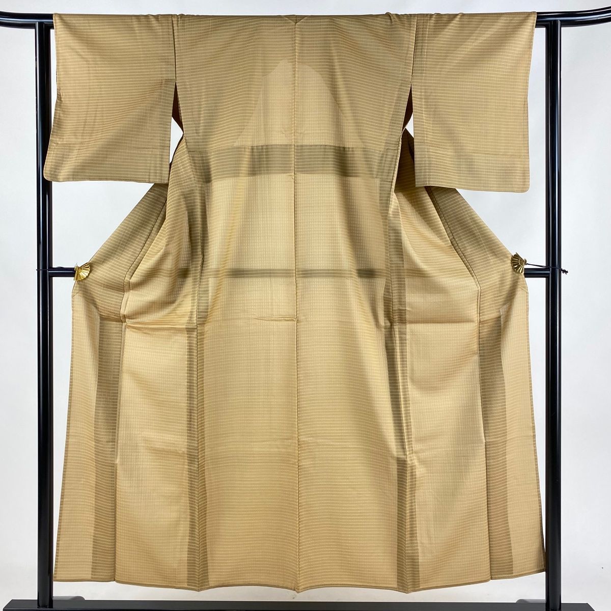 紬 身丈153cm 裄丈62cm S 薄物 夏紬 横縞 黄土色 正絹 名品