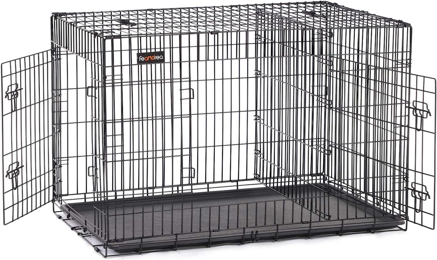FEANDREA ペットケージ 犬 ケージ 中大型犬 仕切りドア付き 室内外兼用 122 x 74.5 x 80.5cm 引き出しトレー付き 折り畳み式 持ち手付き 移動便利 犬 ゲージ PPD48BK