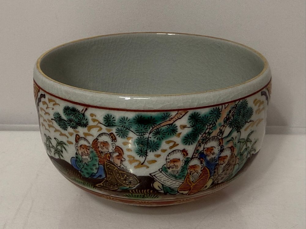 【新年売り尽くし値下げ】 九谷焼　華山（または華峯）の金彩鶴絵抹茶碗　茶道具 九谷焼 仙龍 花詰】茶道具 抹茶碗 茶碗 茶道 金 手書き ア