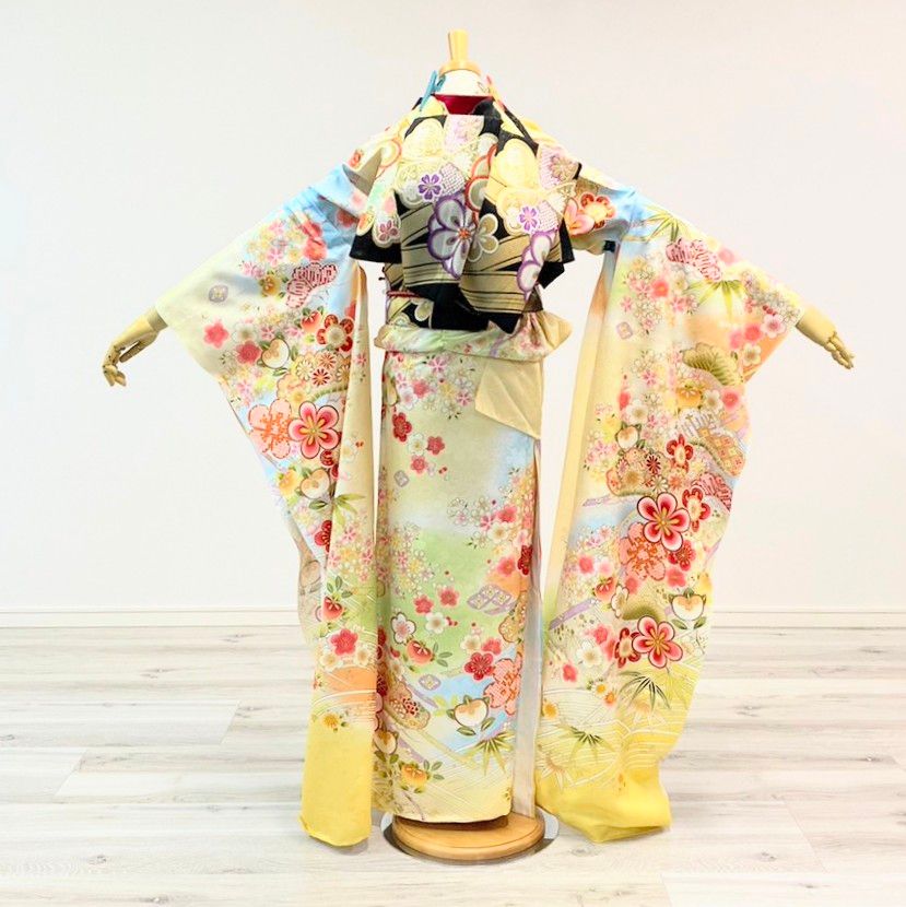 新品・一式セット】振袖 未使用 黄色 クリーム 水色 桜 成人式 F18 