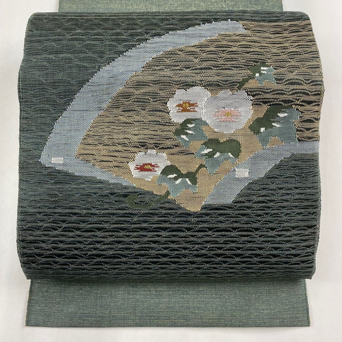 名古屋帯 秀品 八寸名古屋帯 松葉仕立て 扇面 草花 金糸 深緑 正絹