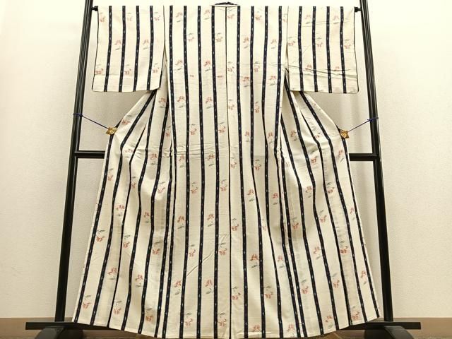 平和屋着物▽上質な紬 単衣 草花文 正絹 逸品 BAAS1484ow