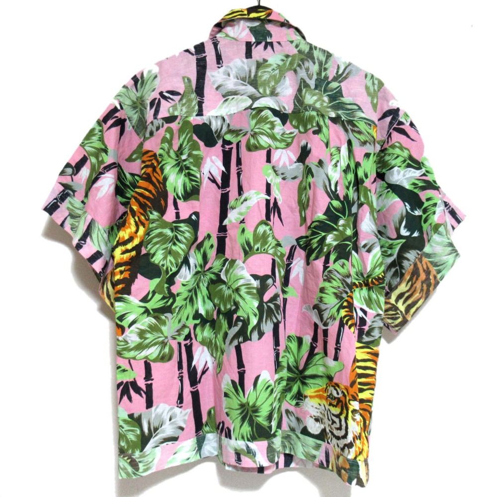 KENZO ケンゾー MEMENTO COLLECTION 2 バンブー×タイガー プリント コットンリネン 半袖 オープン アロハシャツ 34 ピンク メンズ 古着