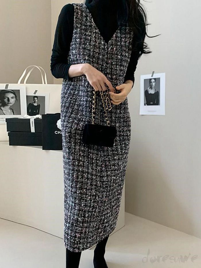 値段交渉承れます ワンピース 春 秋 レディース ツイード Vネック ロング丈 ジャンスカ ジャンパースカート 春 ツイード ワンピース ノースリーブ 重ね着 体型カバー 大きいサイズ カジュアル 着痩せ 通勤 入学式 完売商品