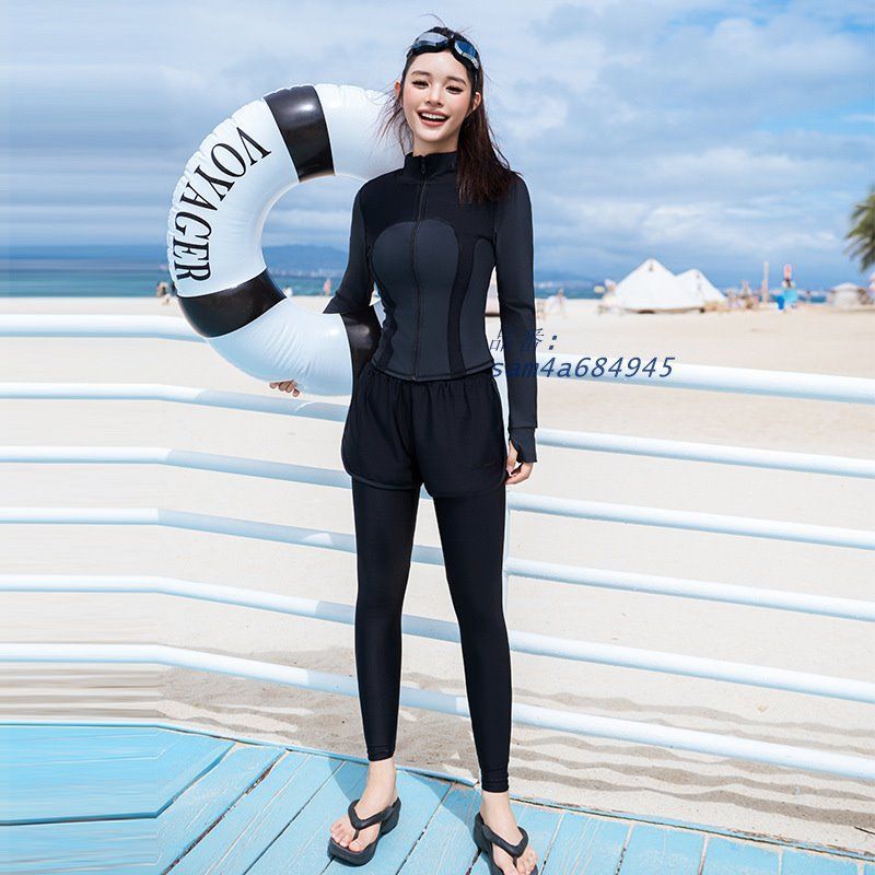 水着 レディース 5点セット 長袖 レギンス シンプル 婦人 日焼け対策 オトナ女子 プール ブラック 海 マリンスポーツ スパ水着 露出控えめ スポーツ水着 ビーチ am4a684945