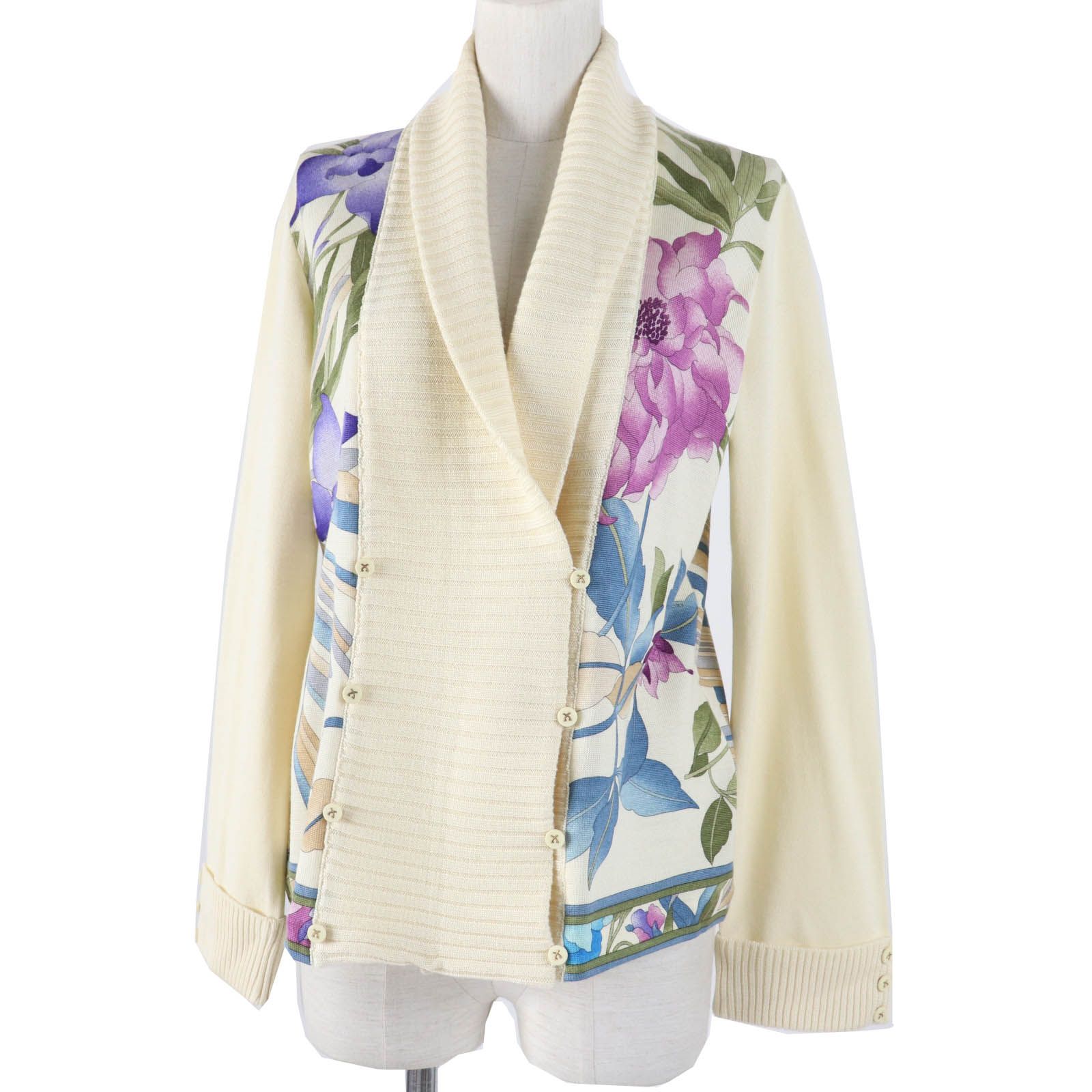 美品△LEONARD FASHION レオナール ファッション ウール シルク 花柄デザイン ロゴ金ボタン カーディガン 焦げ茶 マルチカラー L 正規品 未使用品△LEONARD FASHION レオナール ファッション 花柄 長袖
