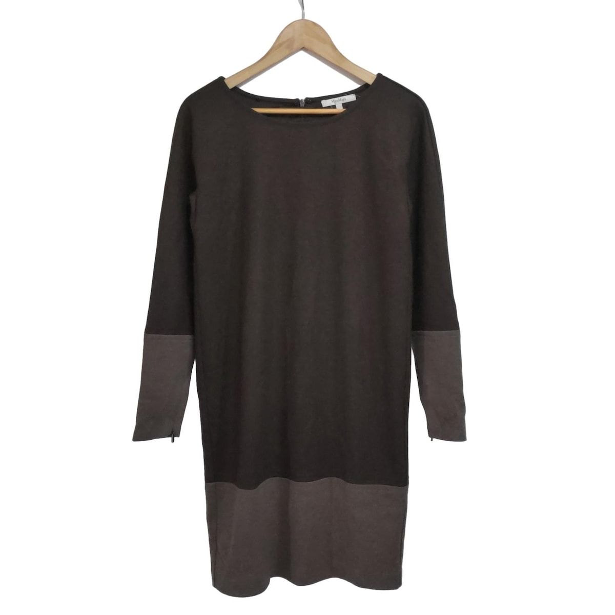 Max Mara マックスマーラ ワンピース サイズ42 M レディース - ダークブラウン×ブラウン クルーネック 長袖 ひざ丈 ジップアップ