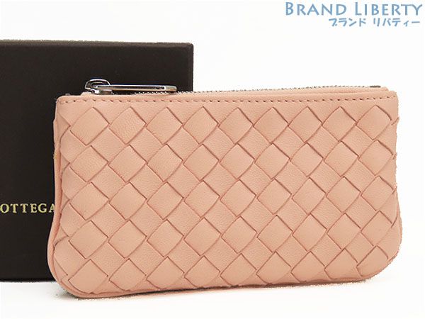 新古品 ボッテガ ヴェネタ BOTTEGA VENETA イントレチャート キーリング付 コインケース コインパース 小銭入れ コンパクト財布 キーケース ライトピンク ラムレザー 131232