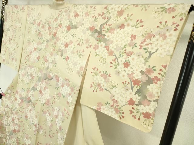 平和屋本店■極上　訪問着　駒刺繍　枝桜　暈し染め　鳥の子色地　金彩　逸品　DZAA4014kh5 平和屋本店□極上 訪問着 駒刺繍 枝桜 暈し染め 鳥の子色地 金彩 逸品