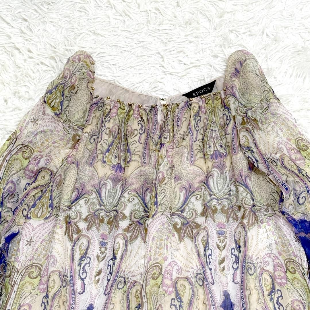 EPOCA 長袖 シルクひざ丈ワンピース ブルー グリーンペイズリー