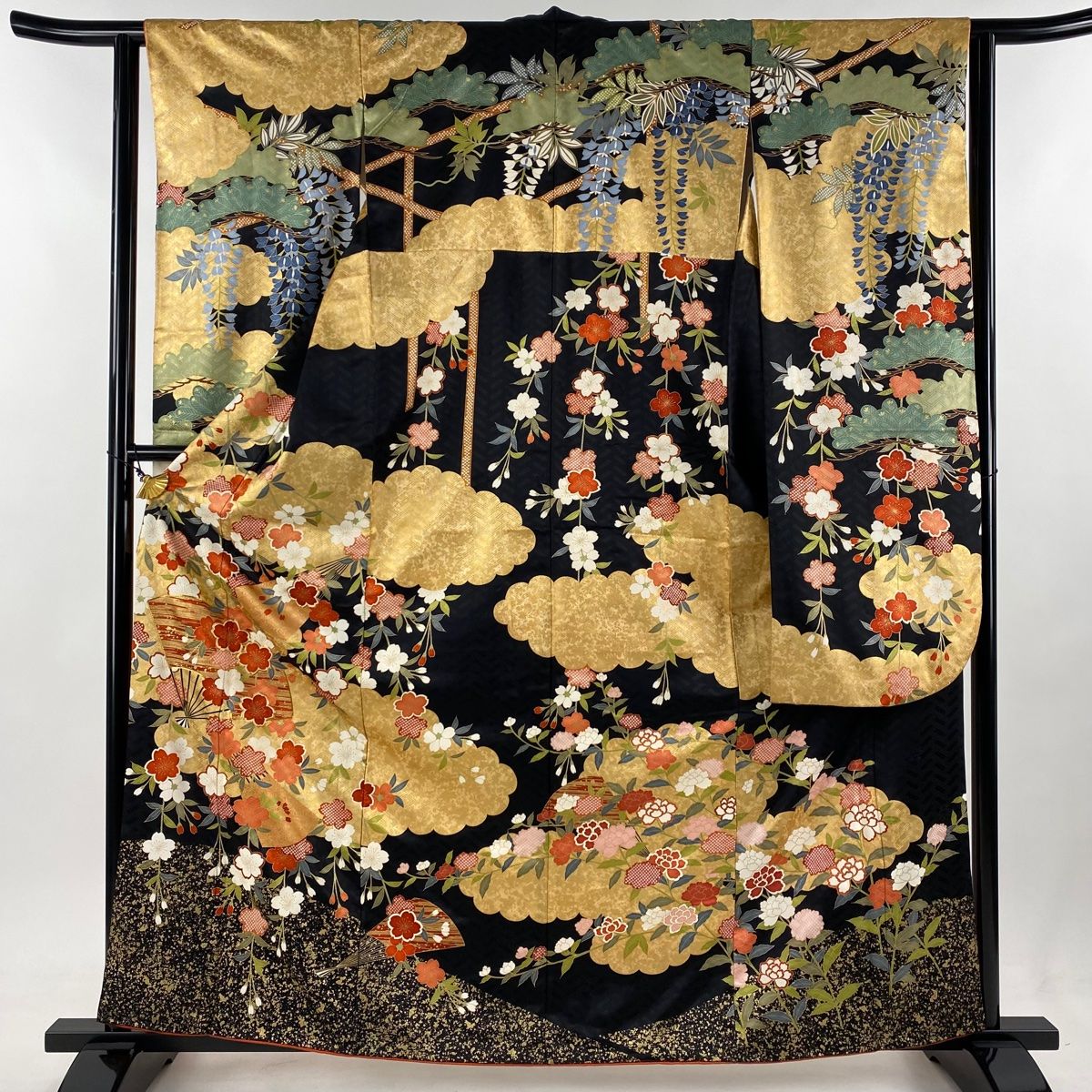 振袖 身丈162cm 裄丈62cm S 袷 吾妻徳穂 落款 雲文 桜 金糸 金彩 黒 正絹