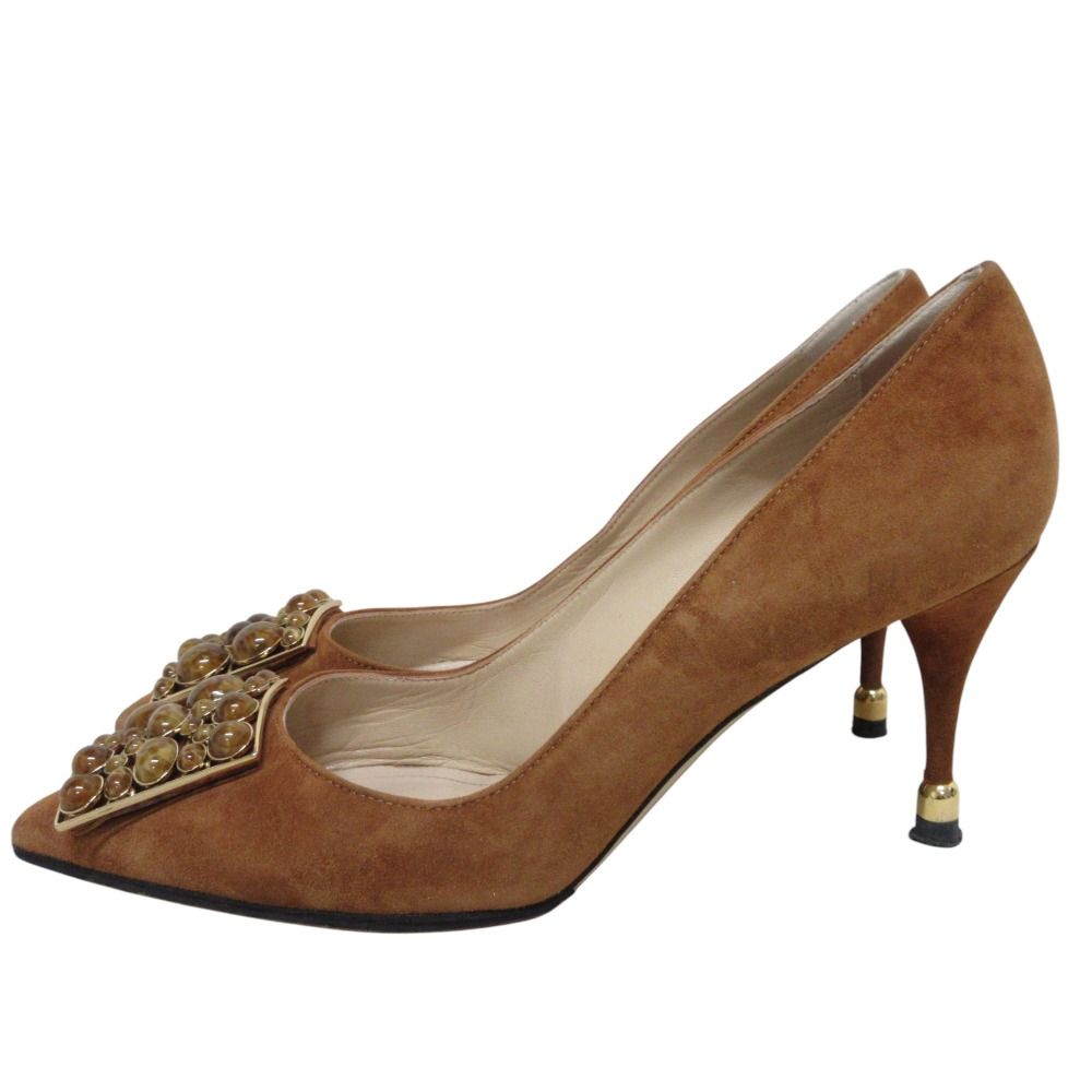PAUL ANDREW ポールアンドリュー ビジュープレート スエード ポインテッドトゥ パンプス サイズ38 24.0cm相当 キャメル レディース 古着